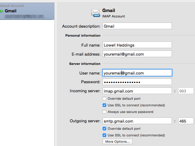 gmail settings for mac outlook 2016 ports